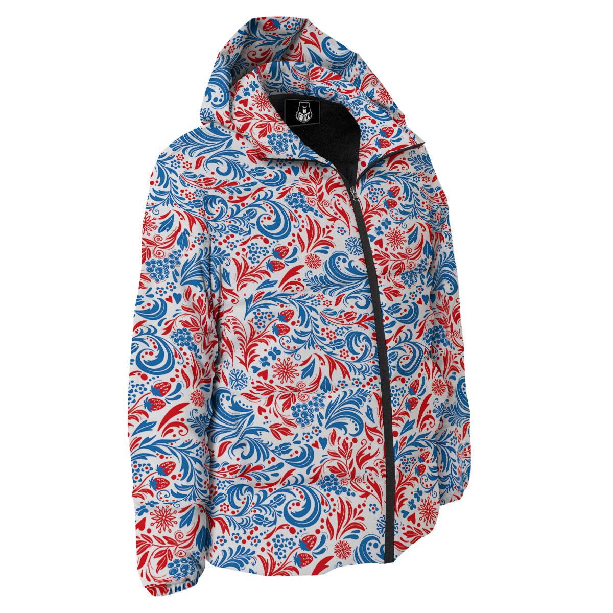 Traditional Khokhloma Red And Blue Print Pattern Down Jacket-grizzshop