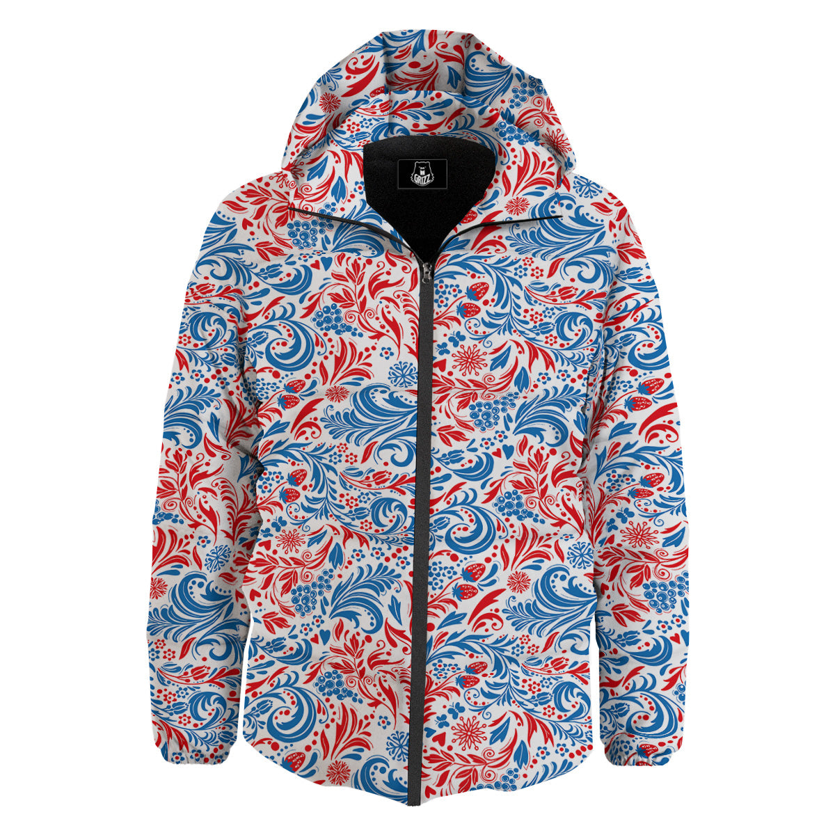 Traditional Khokhloma Red And Blue Print Pattern Down Jacket-grizzshop