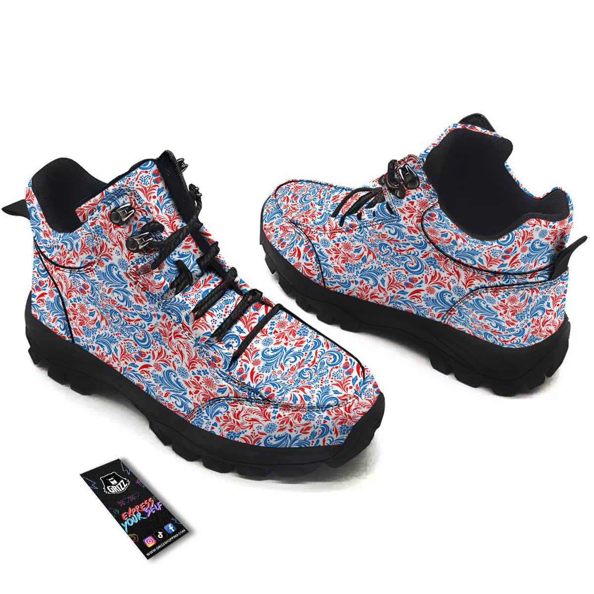 Traditional Khokhloma Red And Blue Print Pattern Hiking Shoes-grizzshop