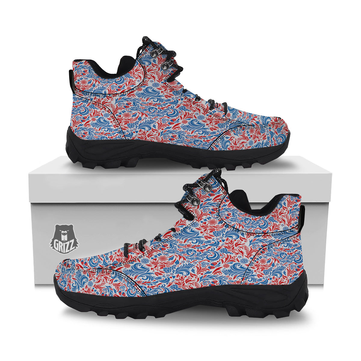 Traditional Khokhloma Red And Blue Print Pattern Hiking Shoes-grizzshop