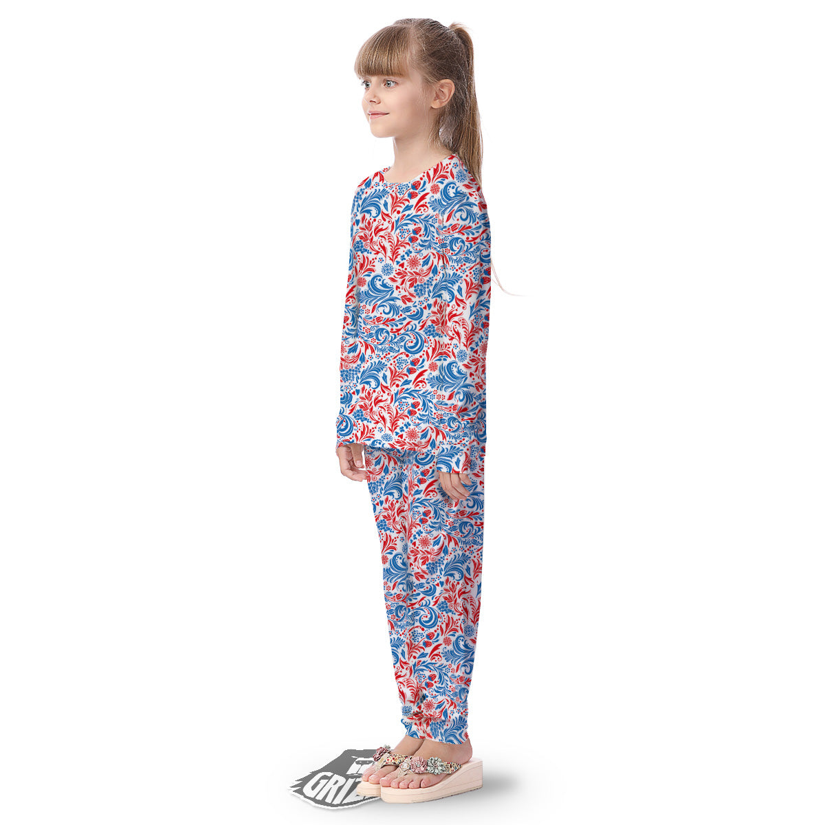 Traditional Khokhloma Red And Blue Print Pattern Kid's Pajamas-grizzshop