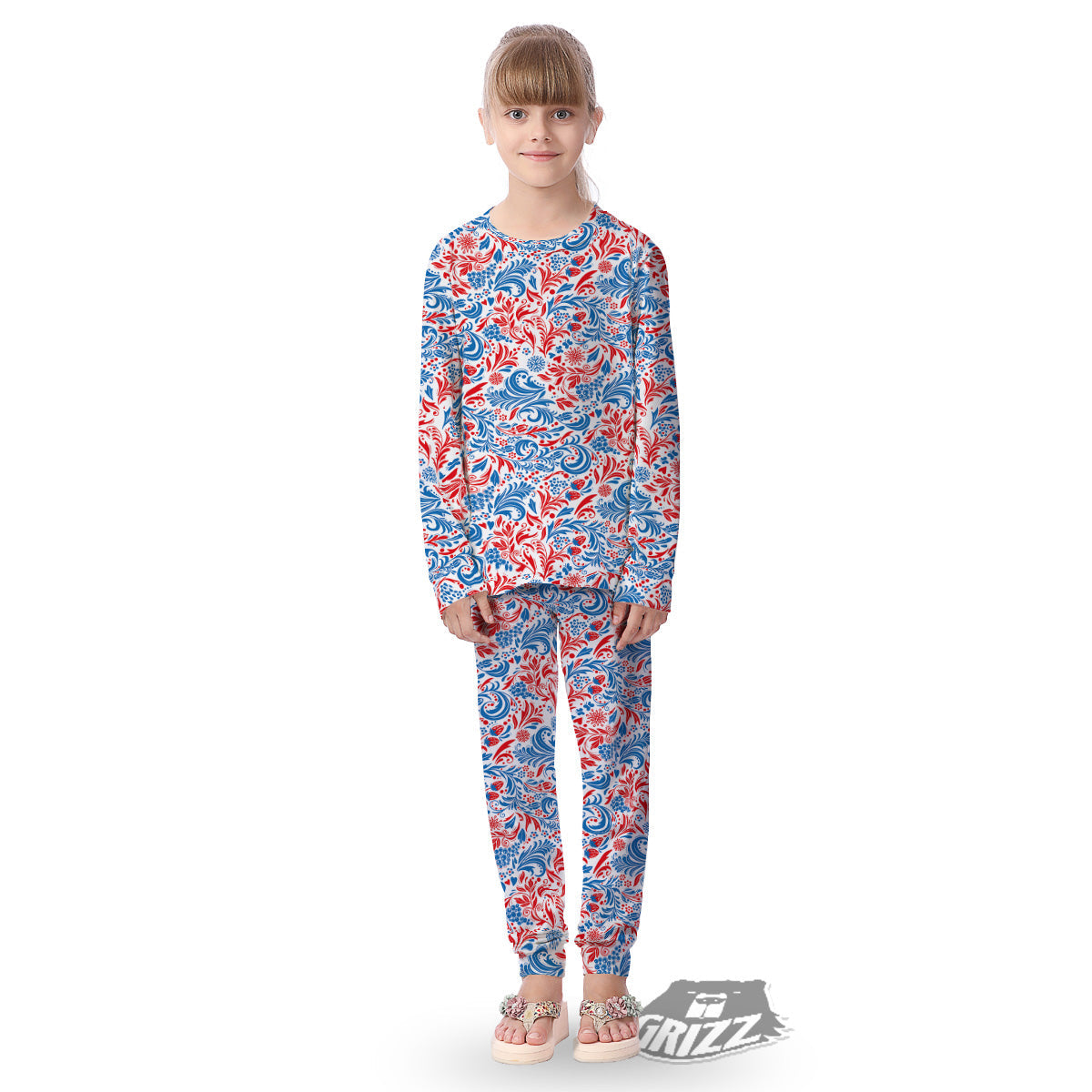 Traditional Khokhloma Red And Blue Print Pattern Kid's Pajamas-grizzshop