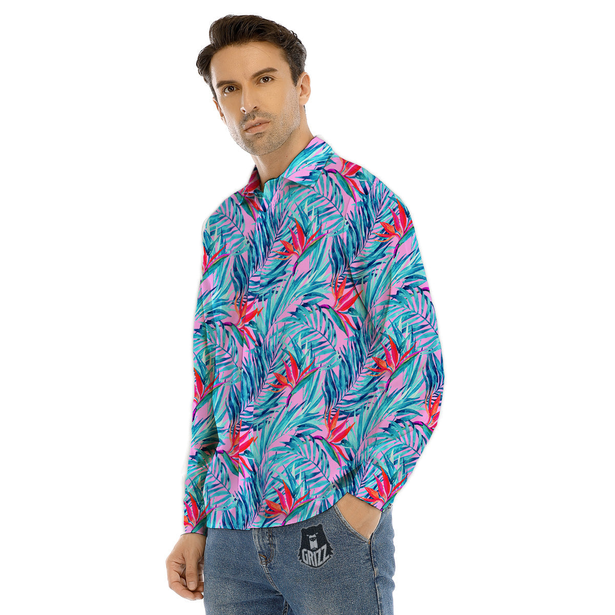 Traditional Khokhloma Red And Blue Print Pattern Men's Dress Shirts-grizzshop