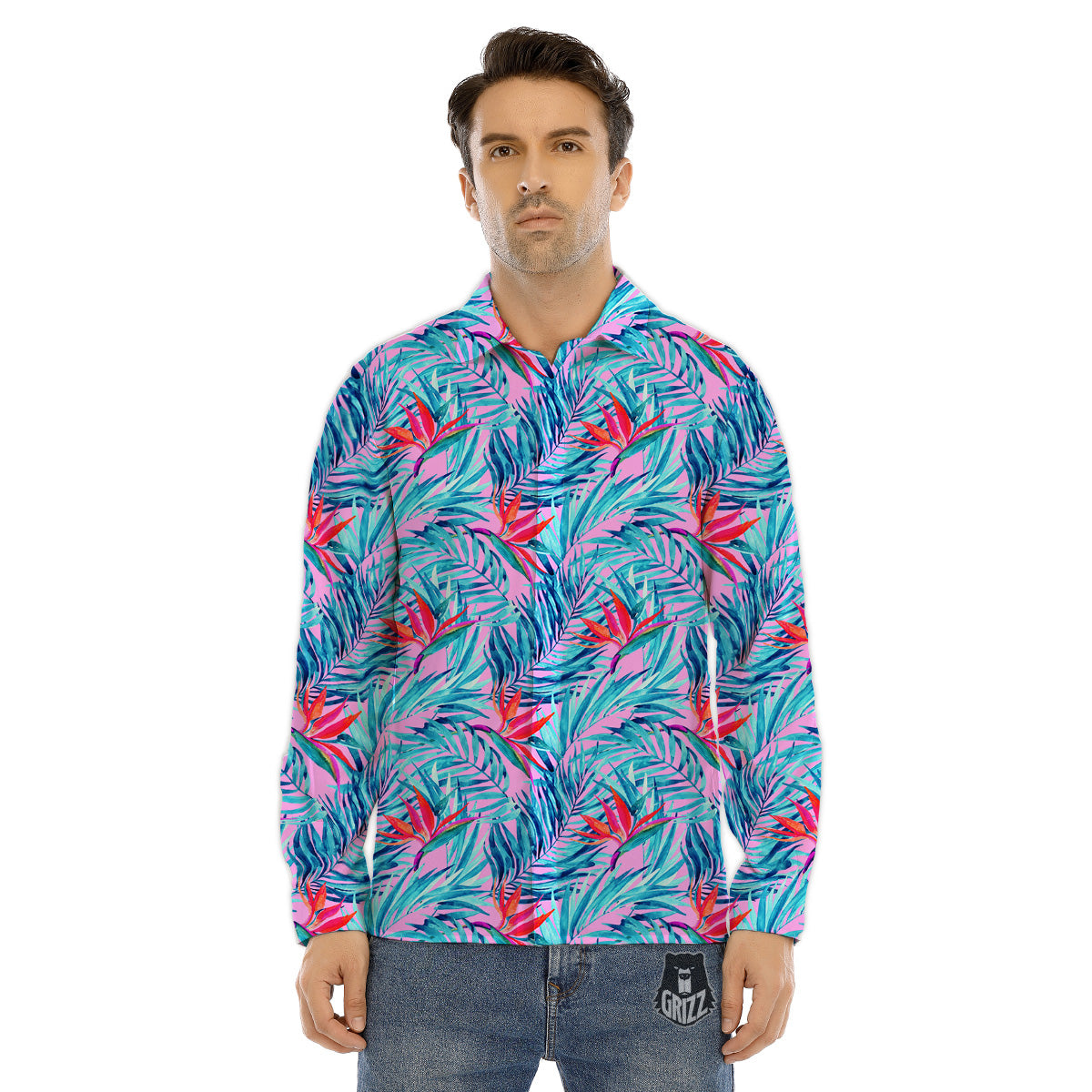 Traditional Khokhloma Red And Blue Print Pattern Men's Dress Shirts-grizzshop