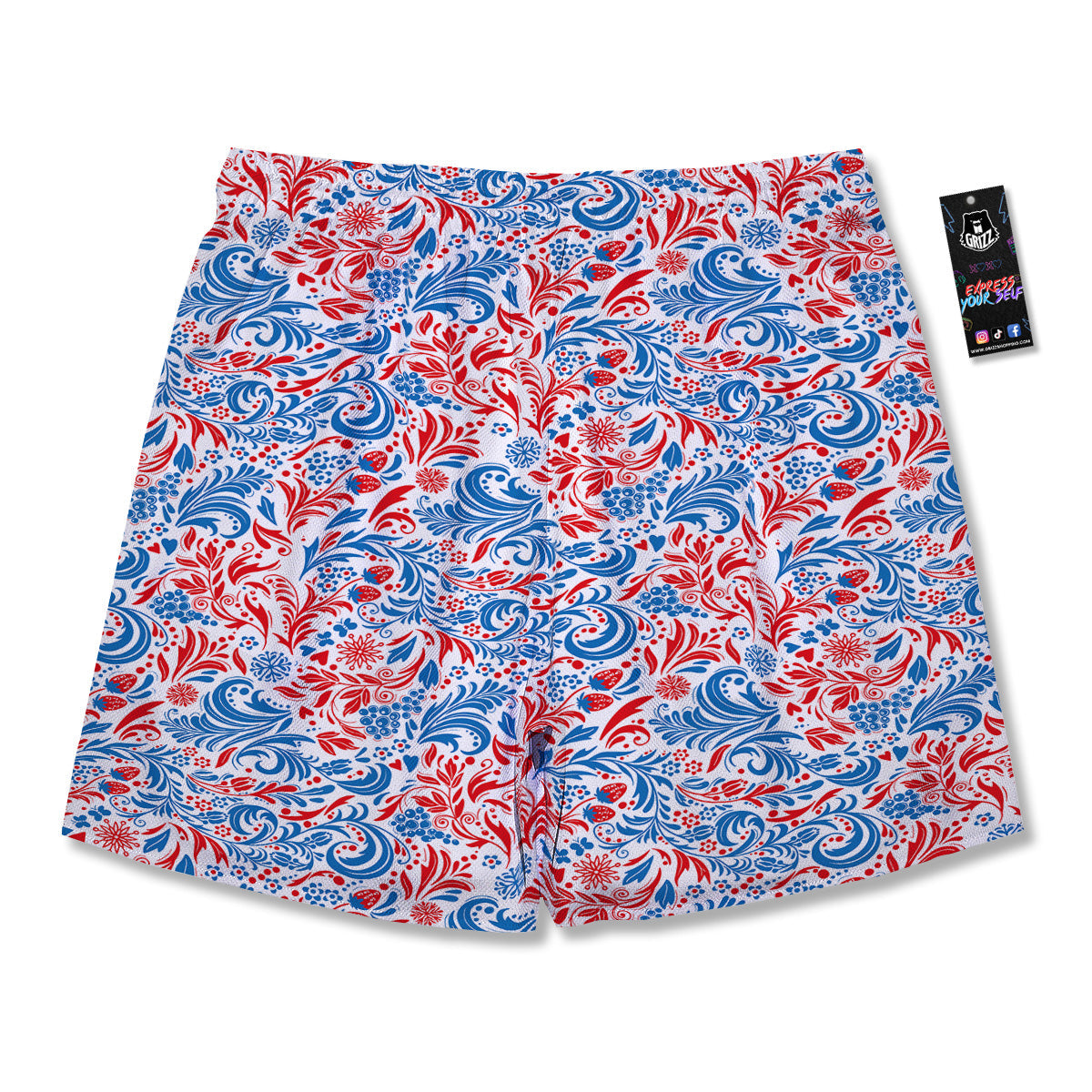 Traditional Khokhloma Red And Blue Print Pattern Men's Running Shorts-grizzshop