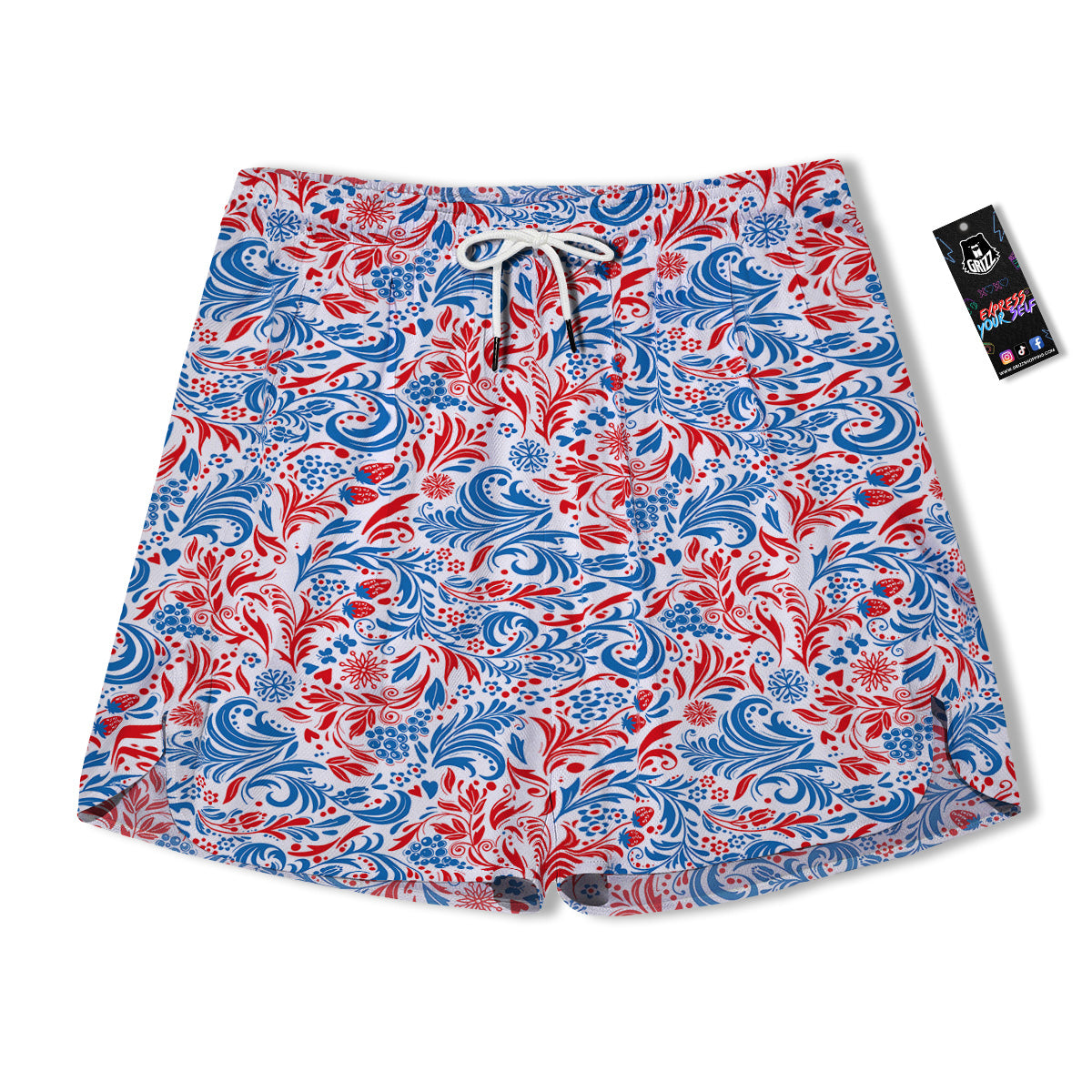 Traditional Khokhloma Red And Blue Print Pattern Men's Running Shorts-grizzshop