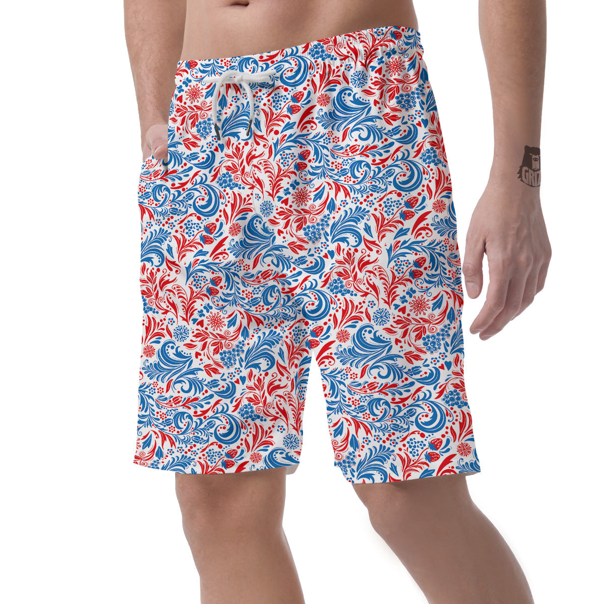Traditional Khokhloma Red And Blue Print Pattern Men's Shorts-grizzshop