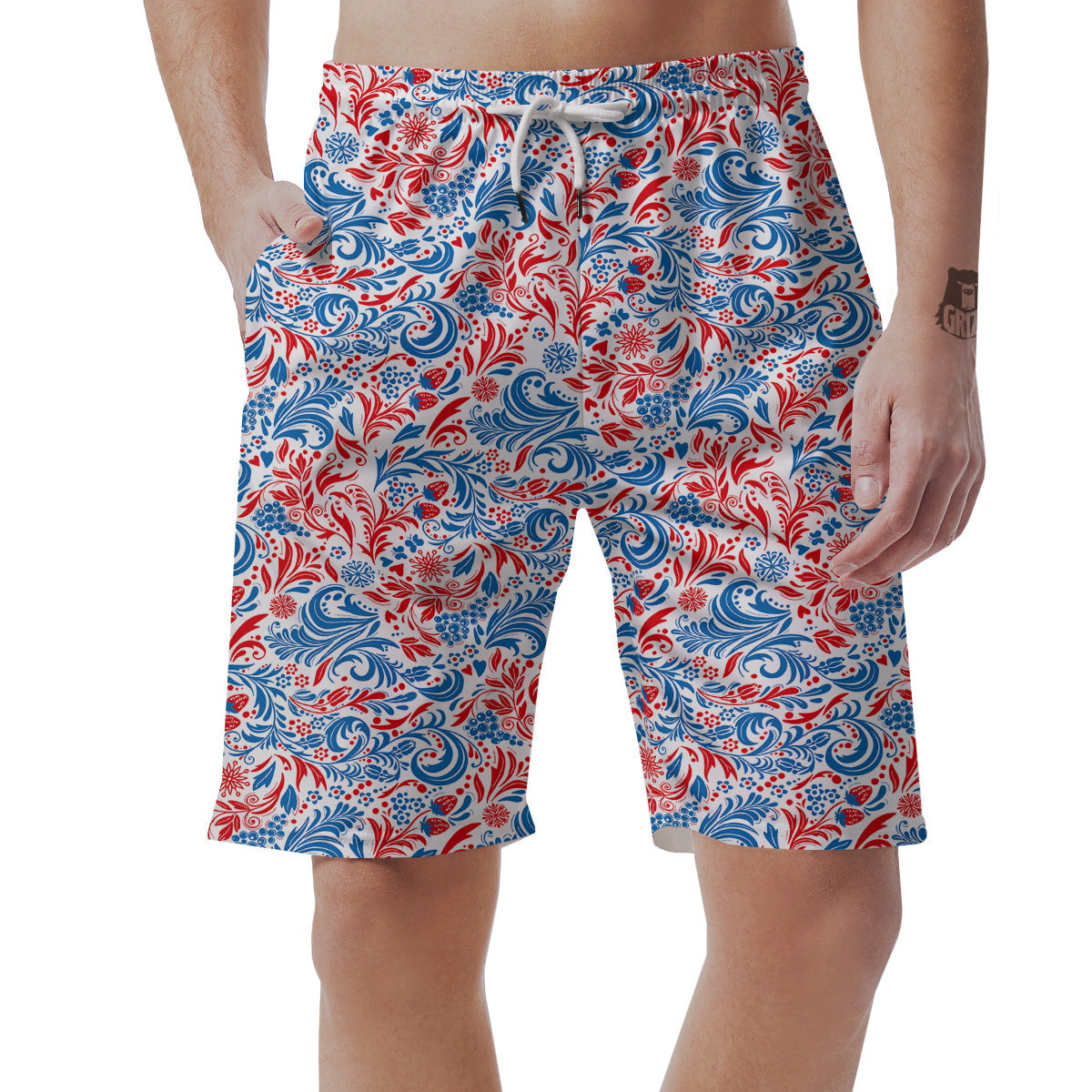 Traditional Khokhloma Red And Blue Print Pattern Men's Shorts-grizzshop