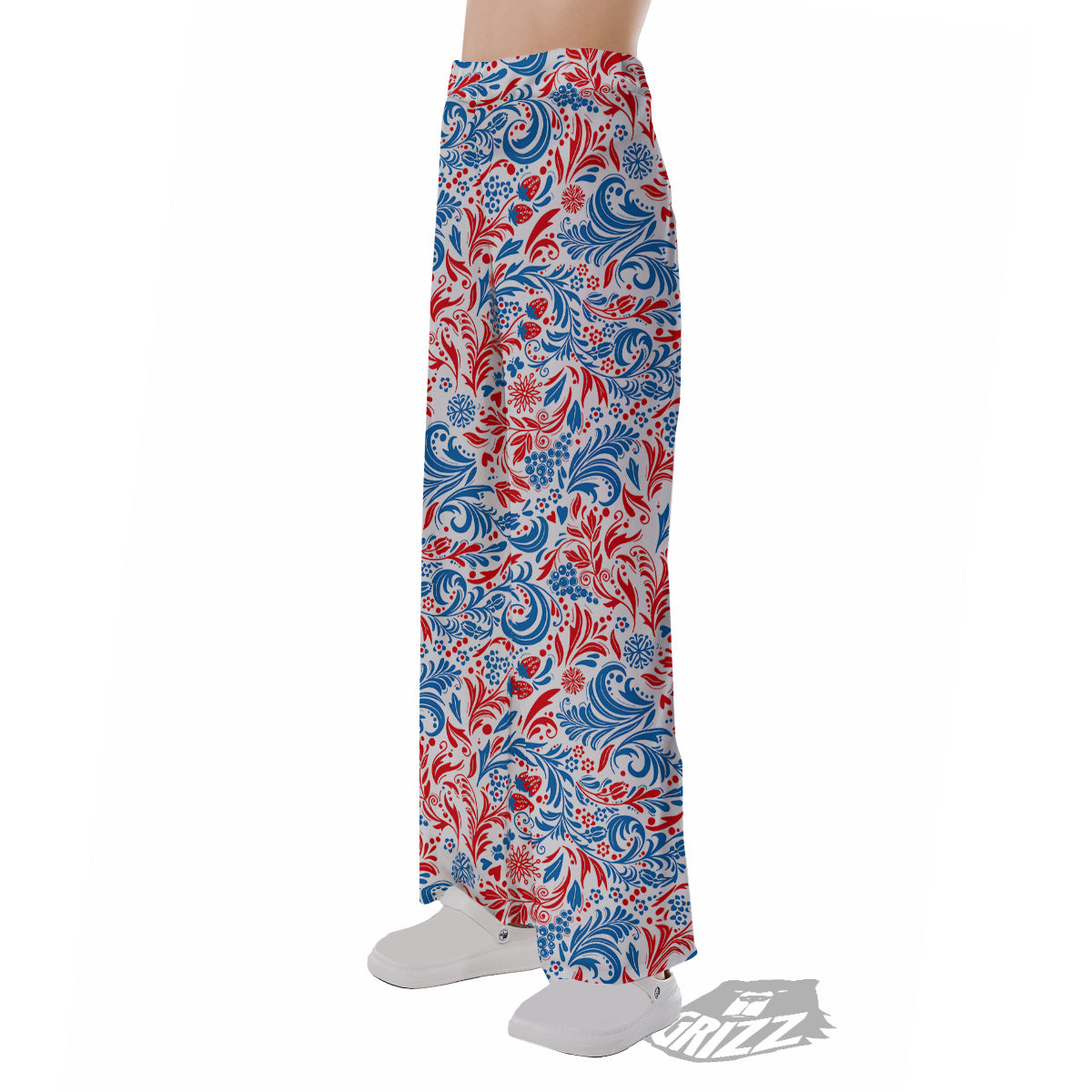 Traditional Khokhloma Red And Blue Print Pattern Pajama Pants-grizzshop