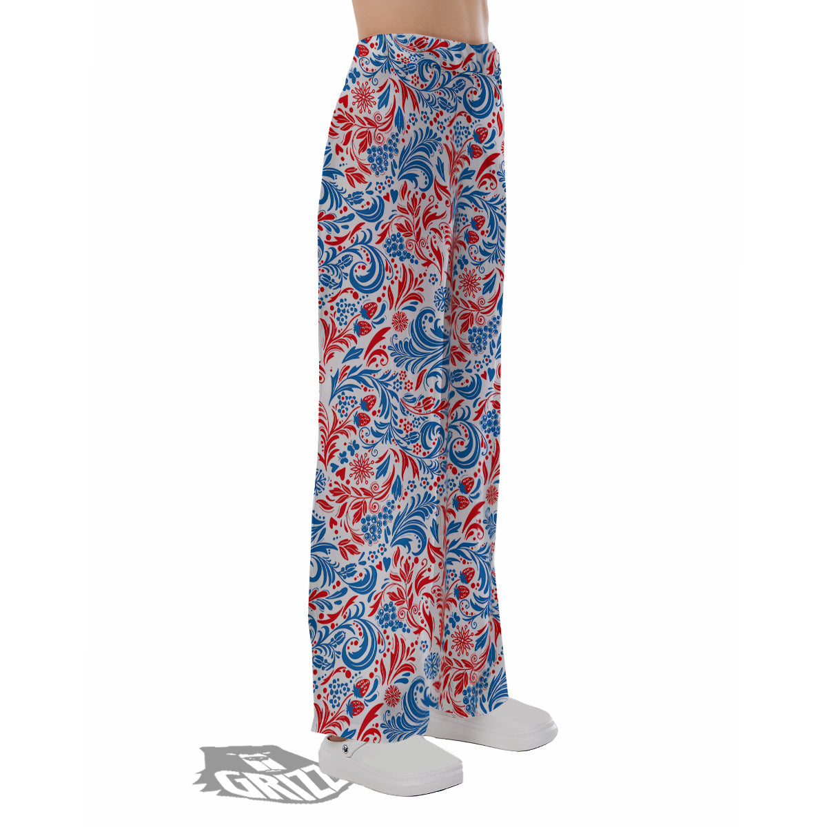 Traditional Khokhloma Red And Blue Print Pattern Pajama Pants-grizzshop