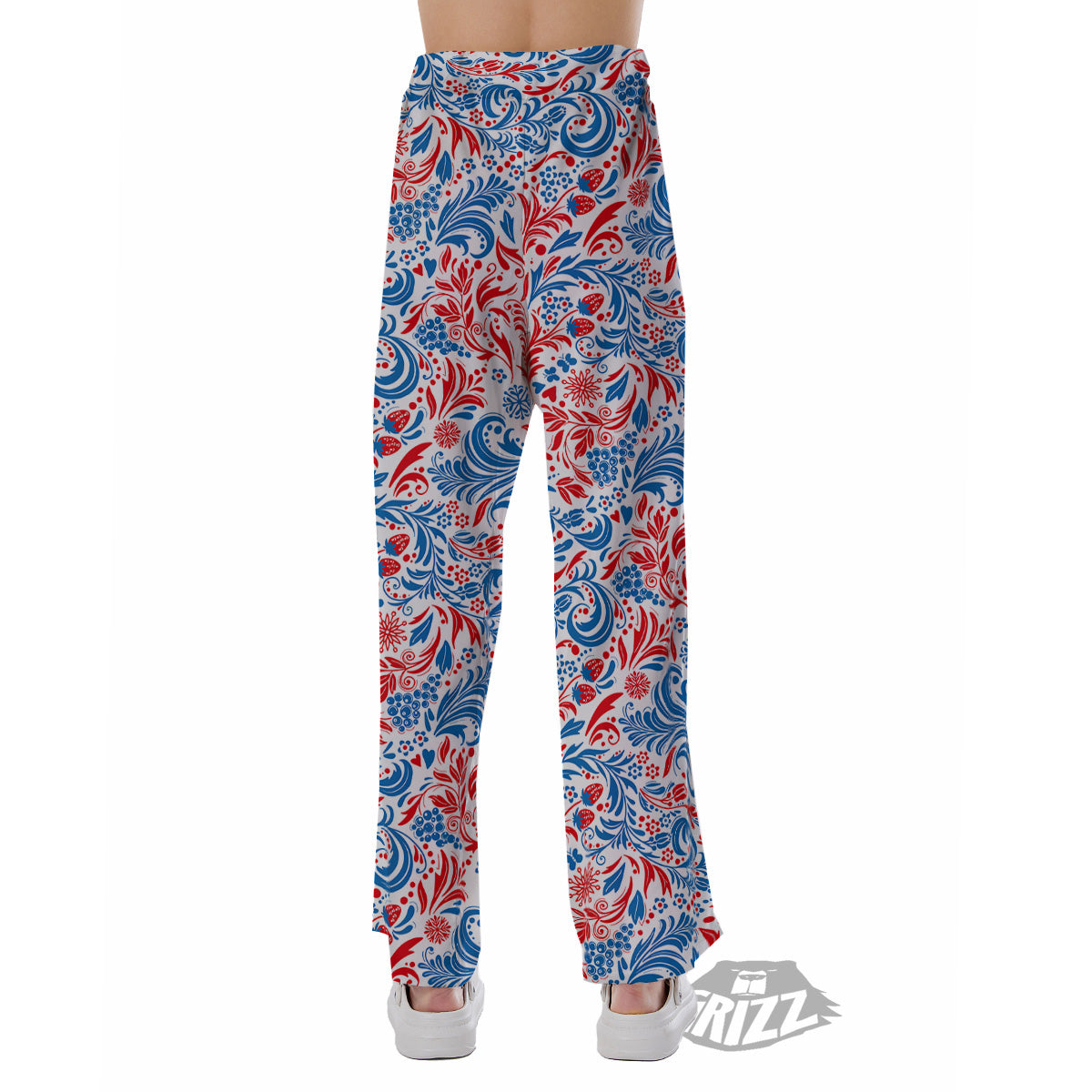 Traditional Khokhloma Red And Blue Print Pattern Pajama Pants-grizzshop