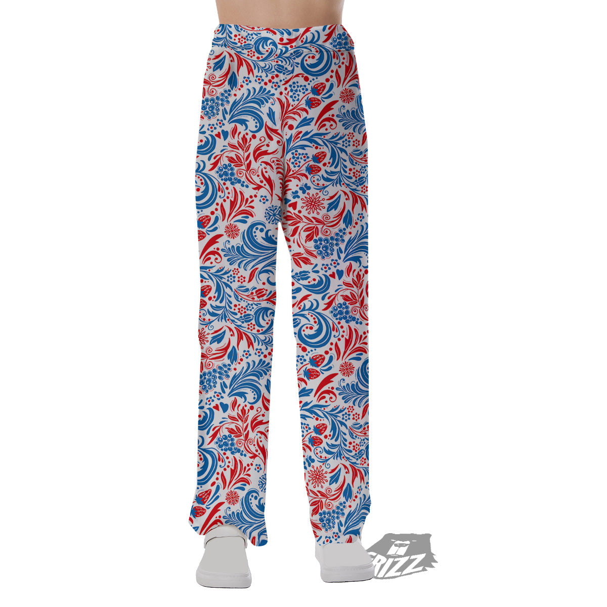 Traditional Khokhloma Red And Blue Print Pattern Pajama Pants-grizzshop