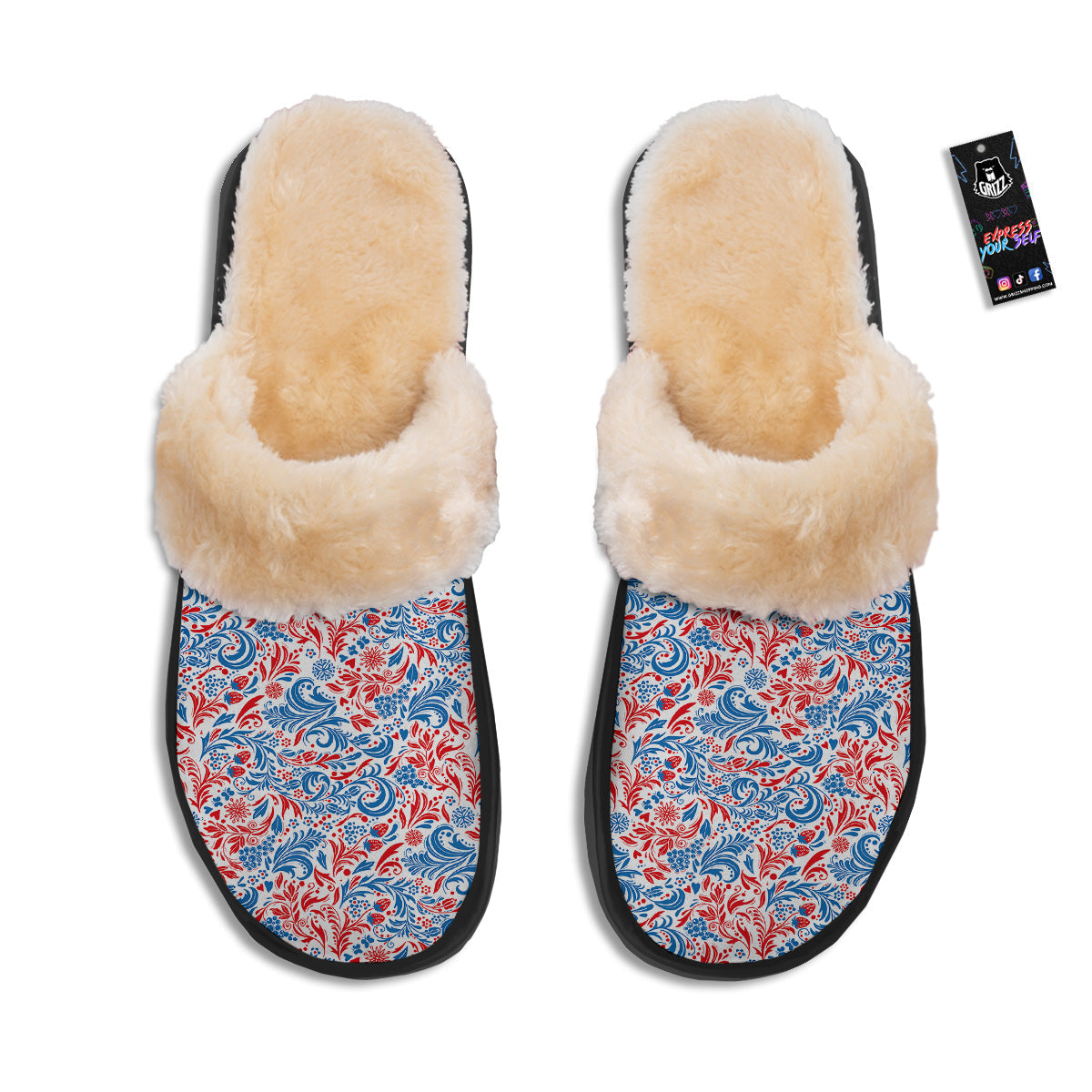 Traditional Khokhloma Red And Blue Print Pattern Slippers-grizzshop