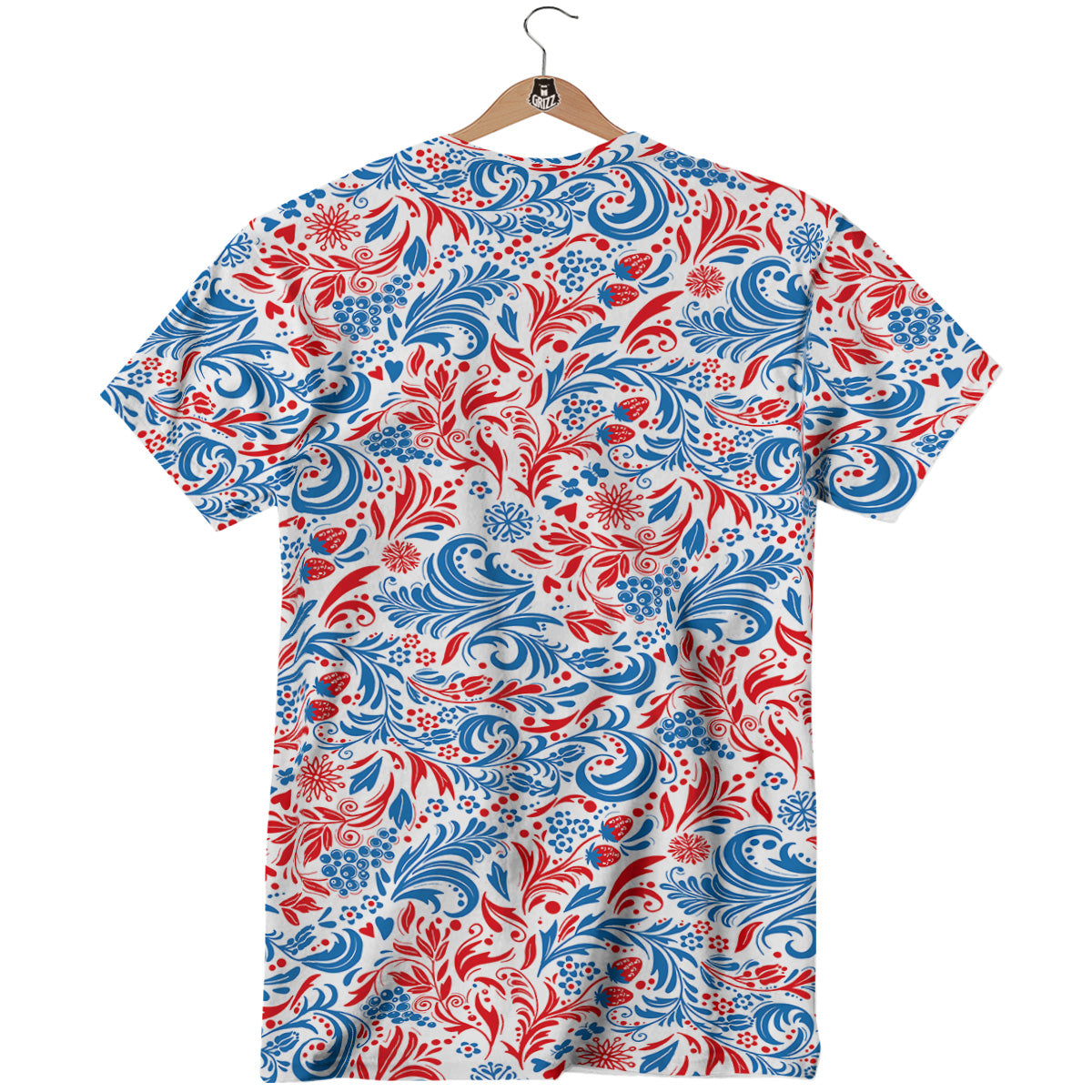 Traditional Khokhloma Red And Blue Print Pattern T-Shirt-grizzshop