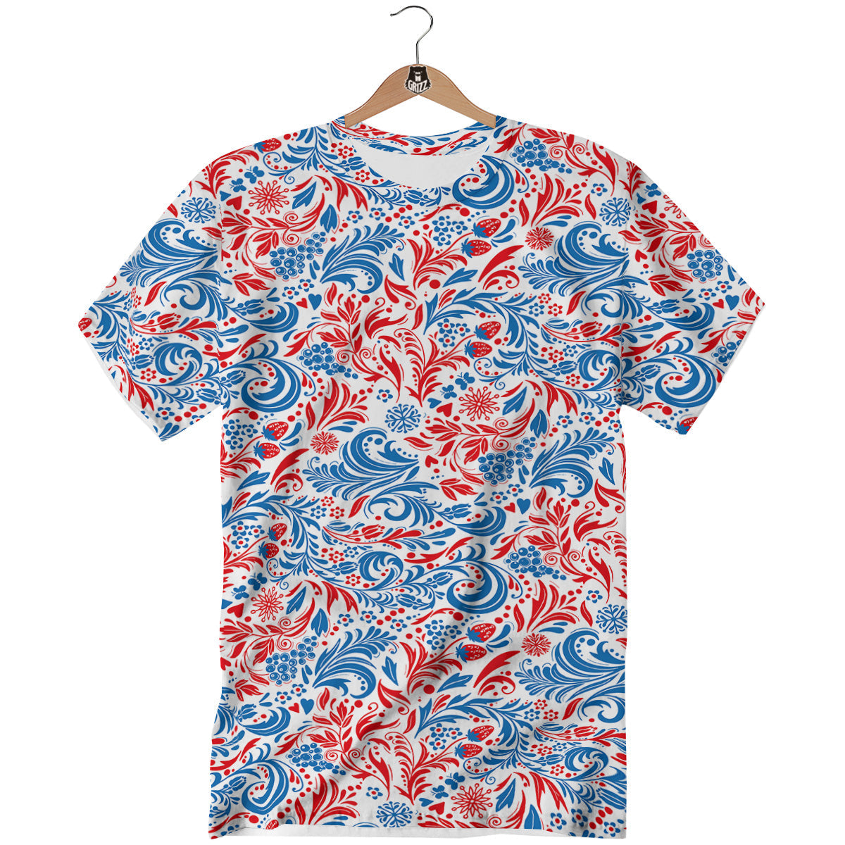 Traditional Khokhloma Red And Blue Print Pattern T-Shirt-grizzshop