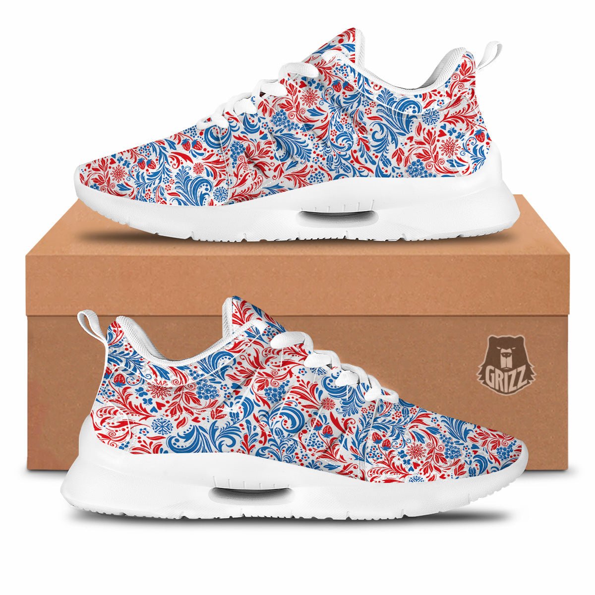Traditional Khokhloma Red And Blue Print Pattern Tennis Shoes-grizzshop