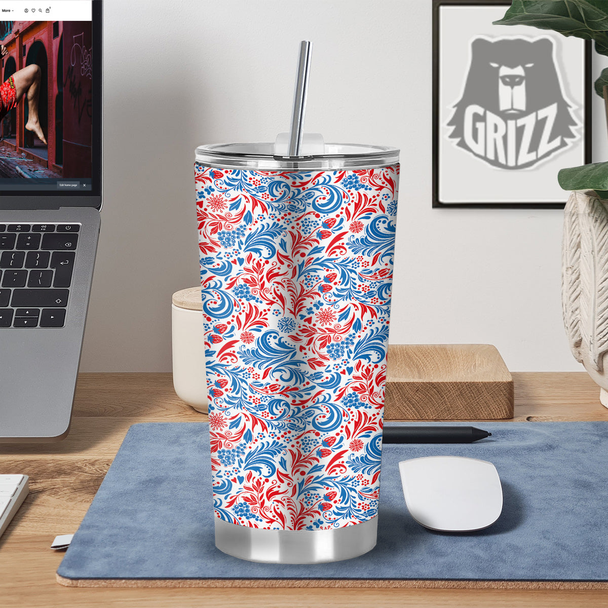 Traditional Khokhloma Red And Blue Print Pattern Tumbler-grizzshop