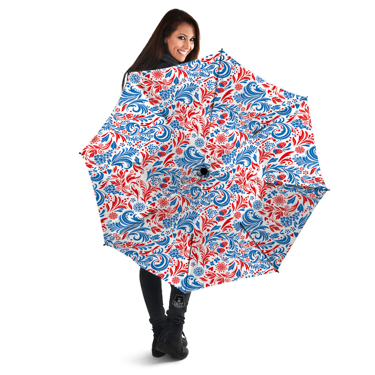 Traditional Khokhloma Red And Blue Print Pattern Umbrella-grizzshop
