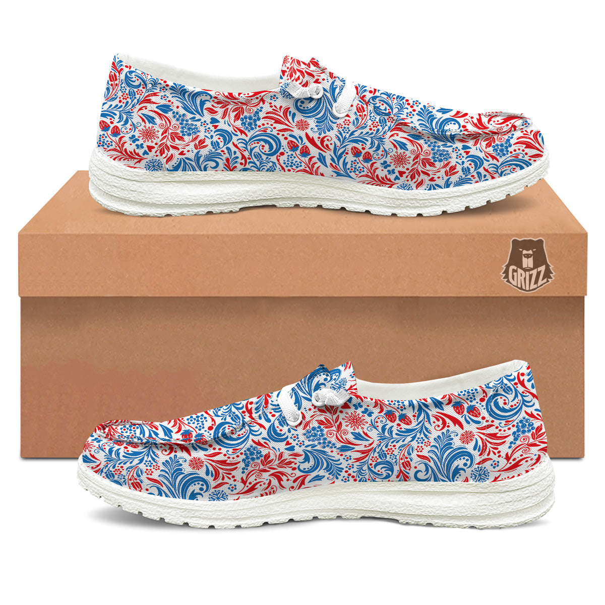 Traditional Khokhloma Red And Blue Print Pattern White Loafers-grizzshop