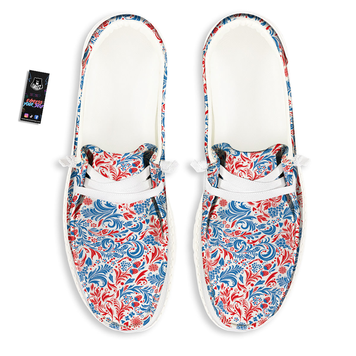 Traditional Khokhloma Red And Blue Print Pattern White Loafers-grizzshop