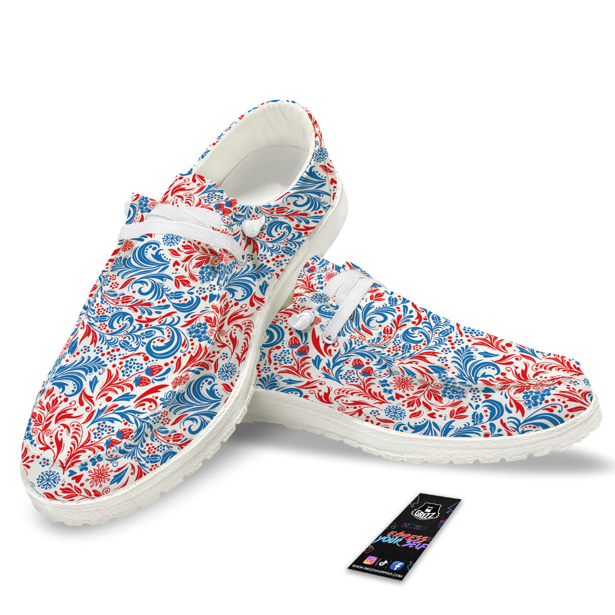 Traditional Khokhloma Red And Blue Print Pattern White Loafers-grizzshop