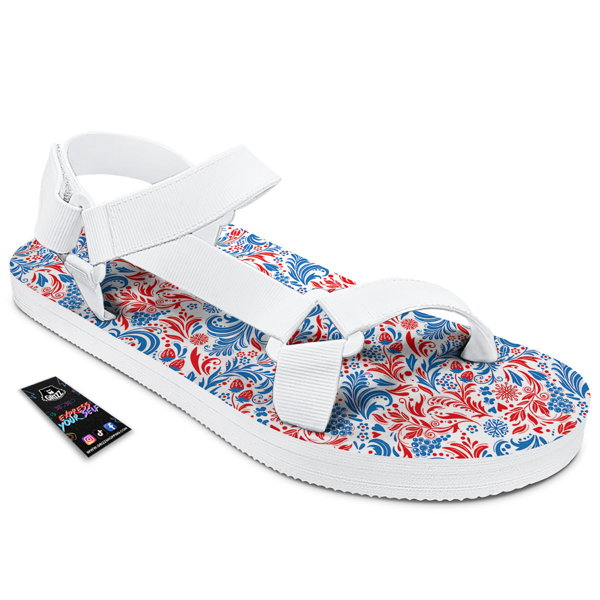 Traditional Khokhloma Red And Blue Print Pattern White Open Toe Sandals-grizzshop