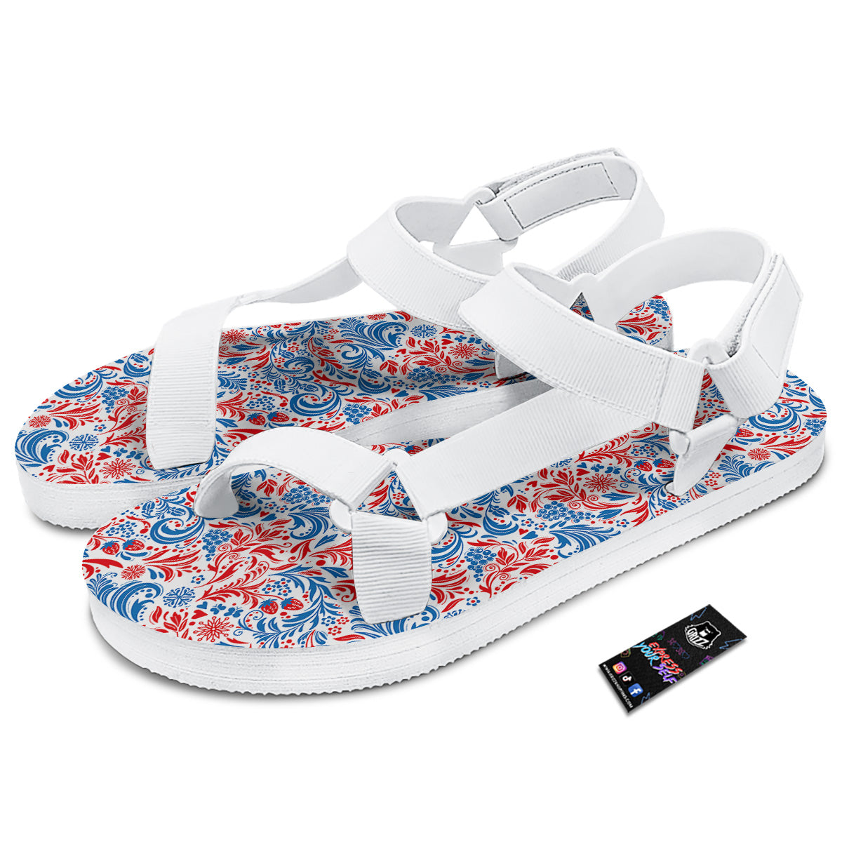 Traditional Khokhloma Red And Blue Print Pattern White Open Toe Sandals-grizzshop