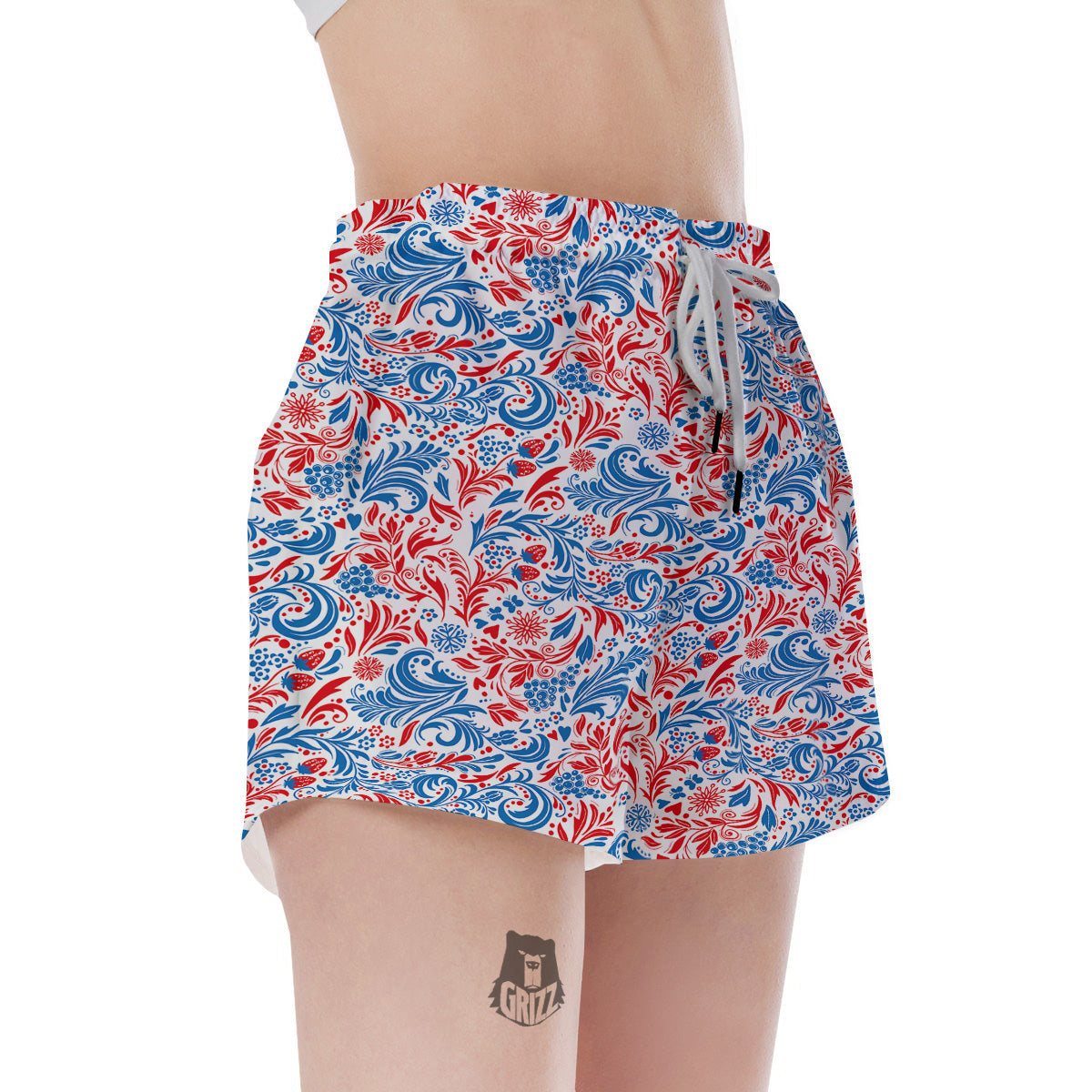 Traditional Khokhloma Red And Blue Print Pattern Women's Shorts-grizzshop