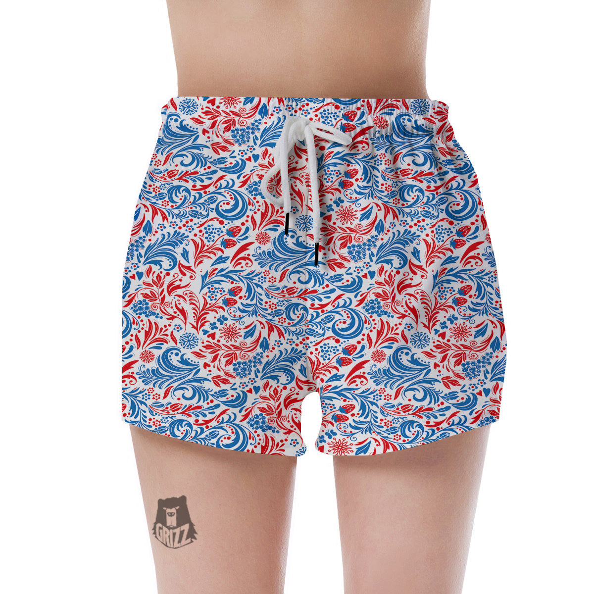 Traditional Khokhloma Red And Blue Print Pattern Women's Shorts-grizzshop