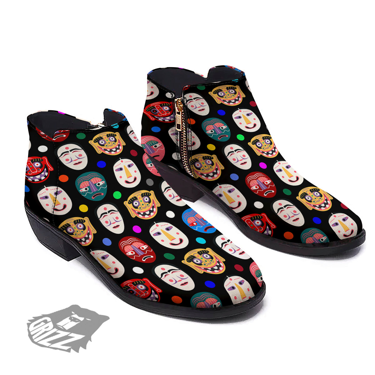 Traditional Korean Masks Print Pattern Ankle Boots-grizzshop