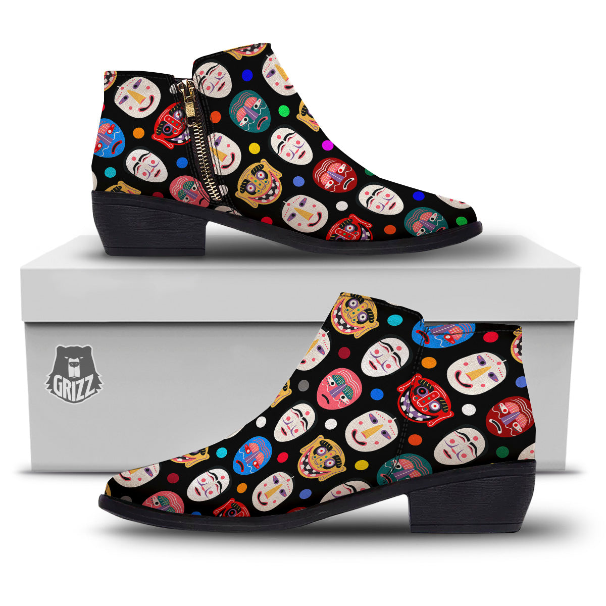 Traditional Korean Masks Print Pattern Ankle Boots-grizzshop