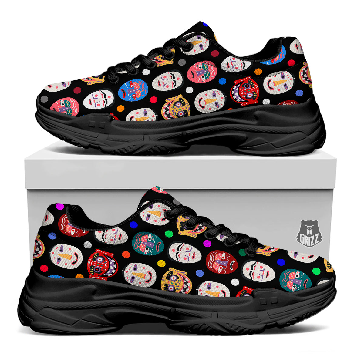 Traditional Korean Masks Print Pattern Black Chunky Shoes-grizzshop