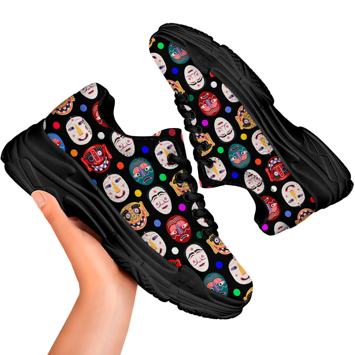 Traditional Korean Masks Print Pattern Black Chunky Shoes-grizzshop