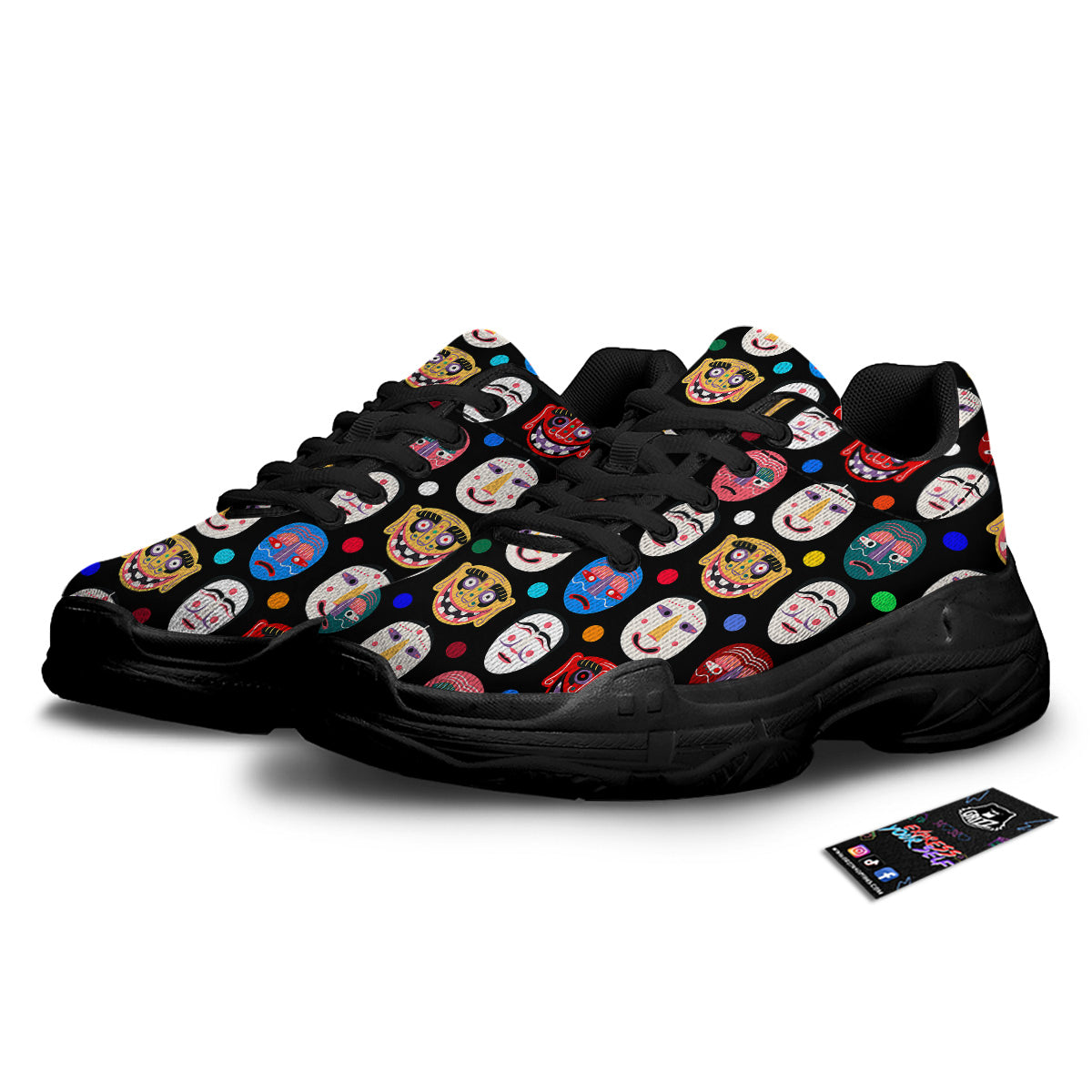 Traditional Korean Masks Print Pattern Black Chunky Shoes-grizzshop