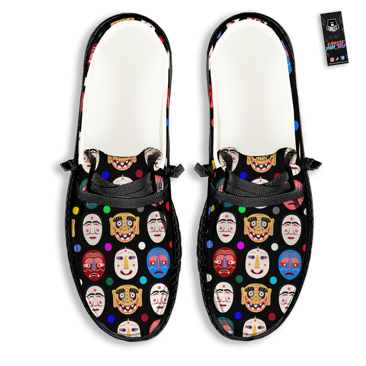 Traditional Korean Masks Print Pattern Black Loafers-grizzshop