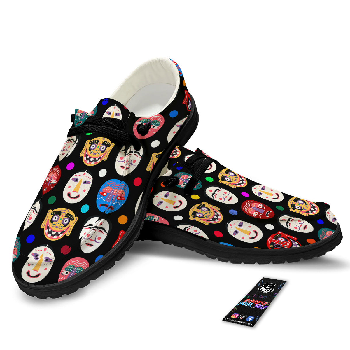 Traditional Korean Masks Print Pattern Black Loafers-grizzshop