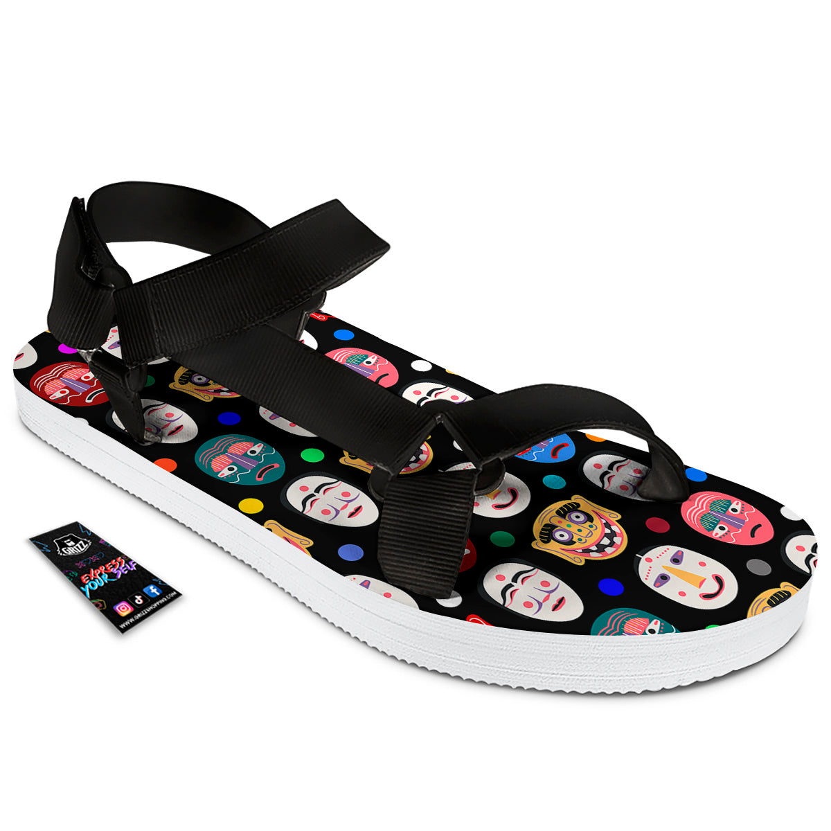 Traditional Korean Masks Print Pattern Black Open Toe Sandals-grizzshop