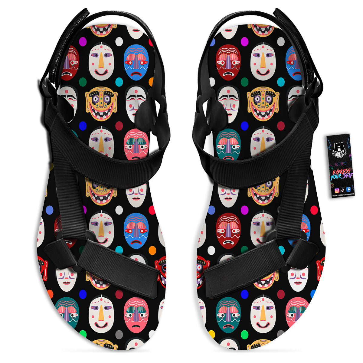 Traditional Korean Masks Print Pattern Black Open Toe Sandals-grizzshop