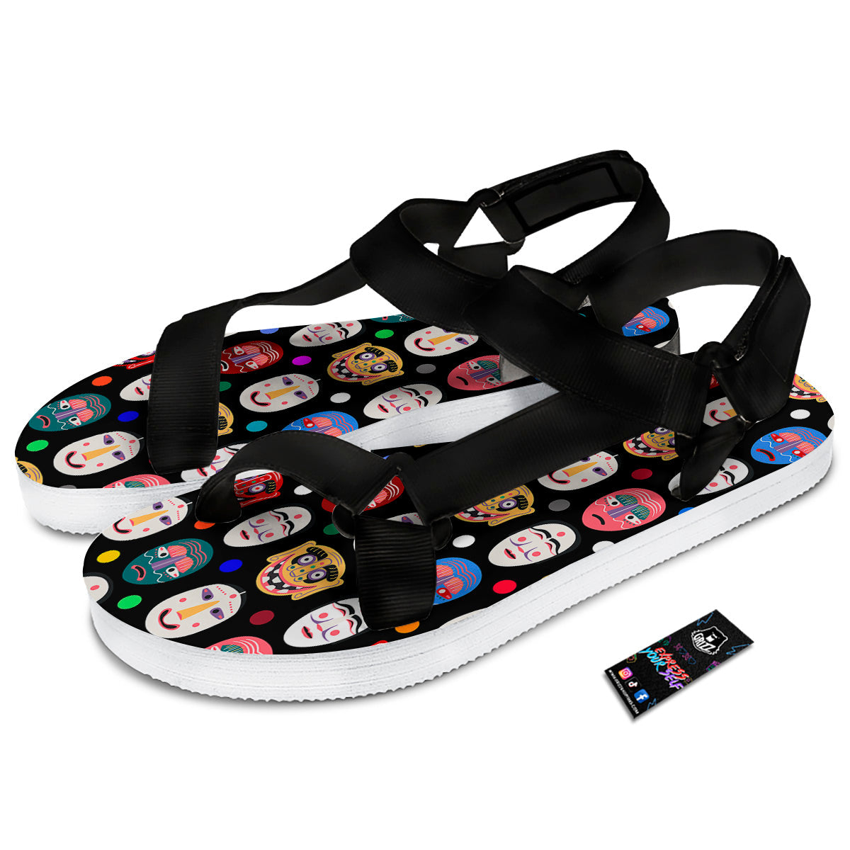 Traditional Korean Masks Print Pattern Black Open Toe Sandals-grizzshop