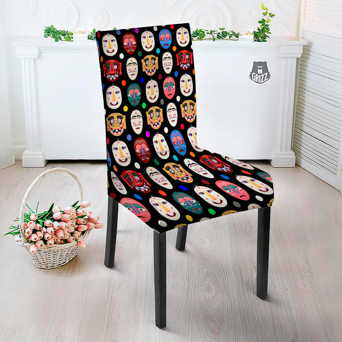 Traditional Korean Masks Print Pattern Dining Chair Slipcover-grizzshop