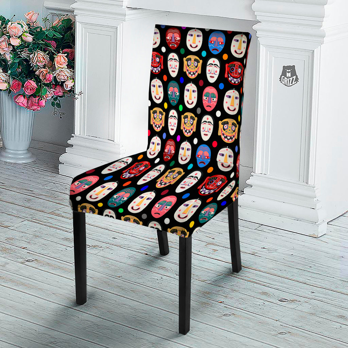 Traditional Korean Masks Print Pattern Dining Chair Slipcover-grizzshop