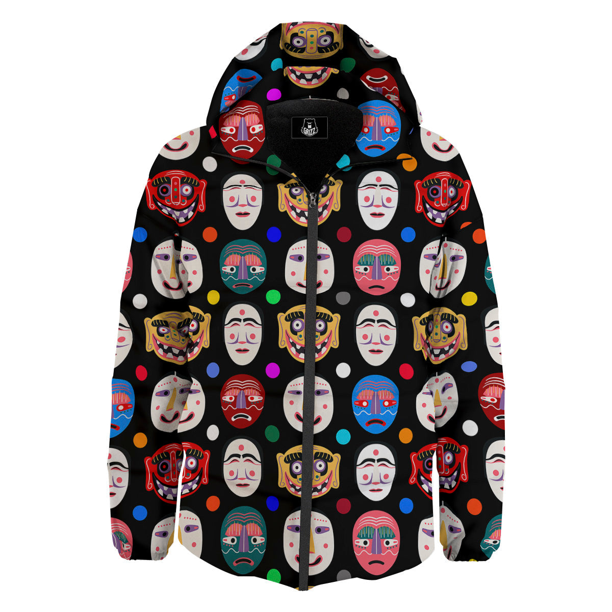 Traditional Korean Masks Print Pattern Down Jacket-grizzshop