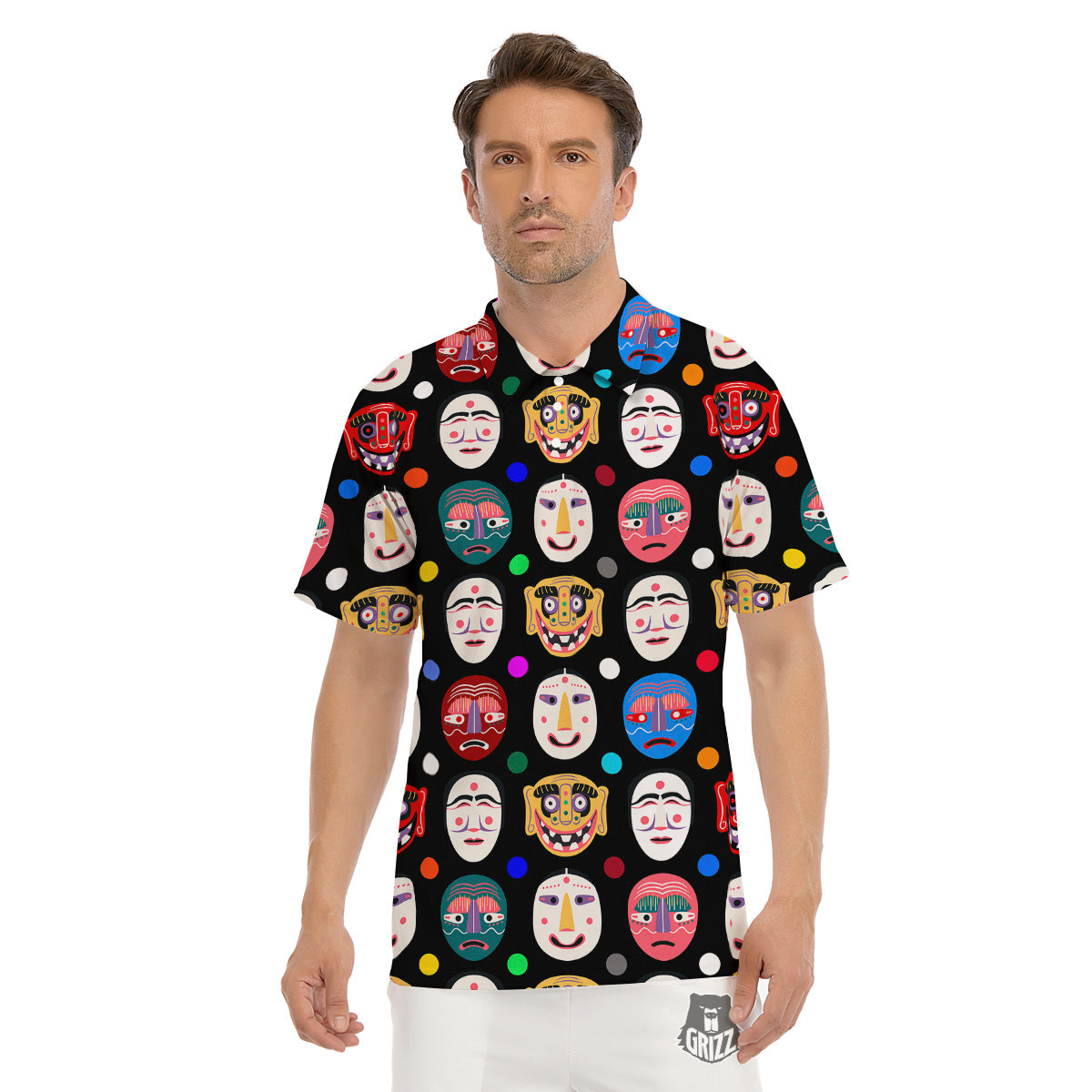 Traditional Korean Masks Print Pattern Men's Golf Shirts-grizzshop
