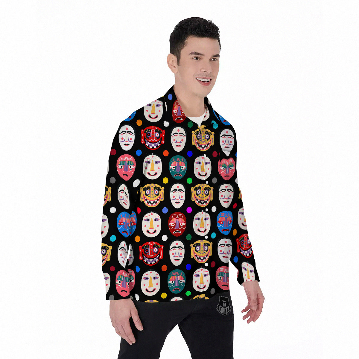 Traditional Korean Masks Print Pattern Men's Long Sleeve Shirts-grizzshop
