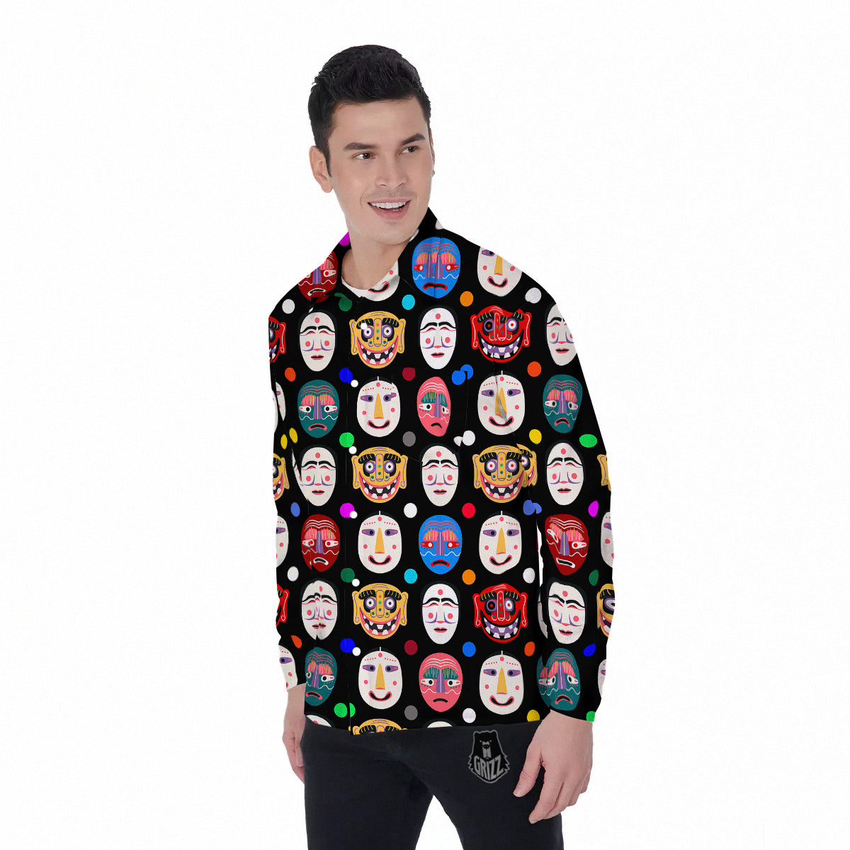 Traditional Korean Masks Print Pattern Men's Long Sleeve Shirts-grizzshop