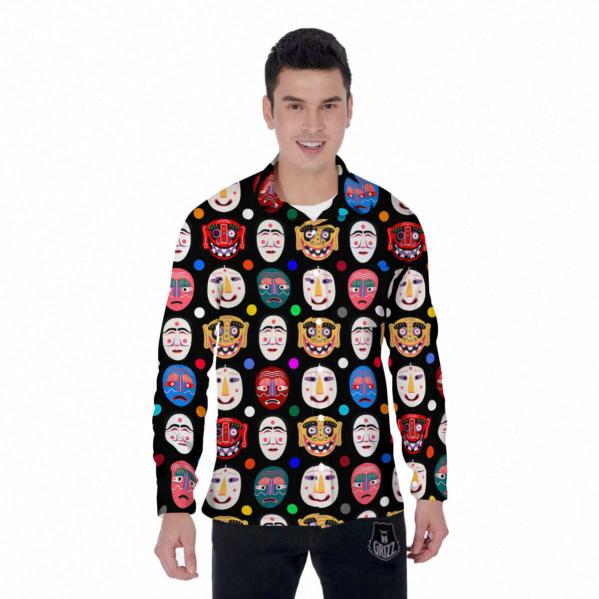 Traditional Korean Masks Print Pattern Men's Long Sleeve Shirts-grizzshop