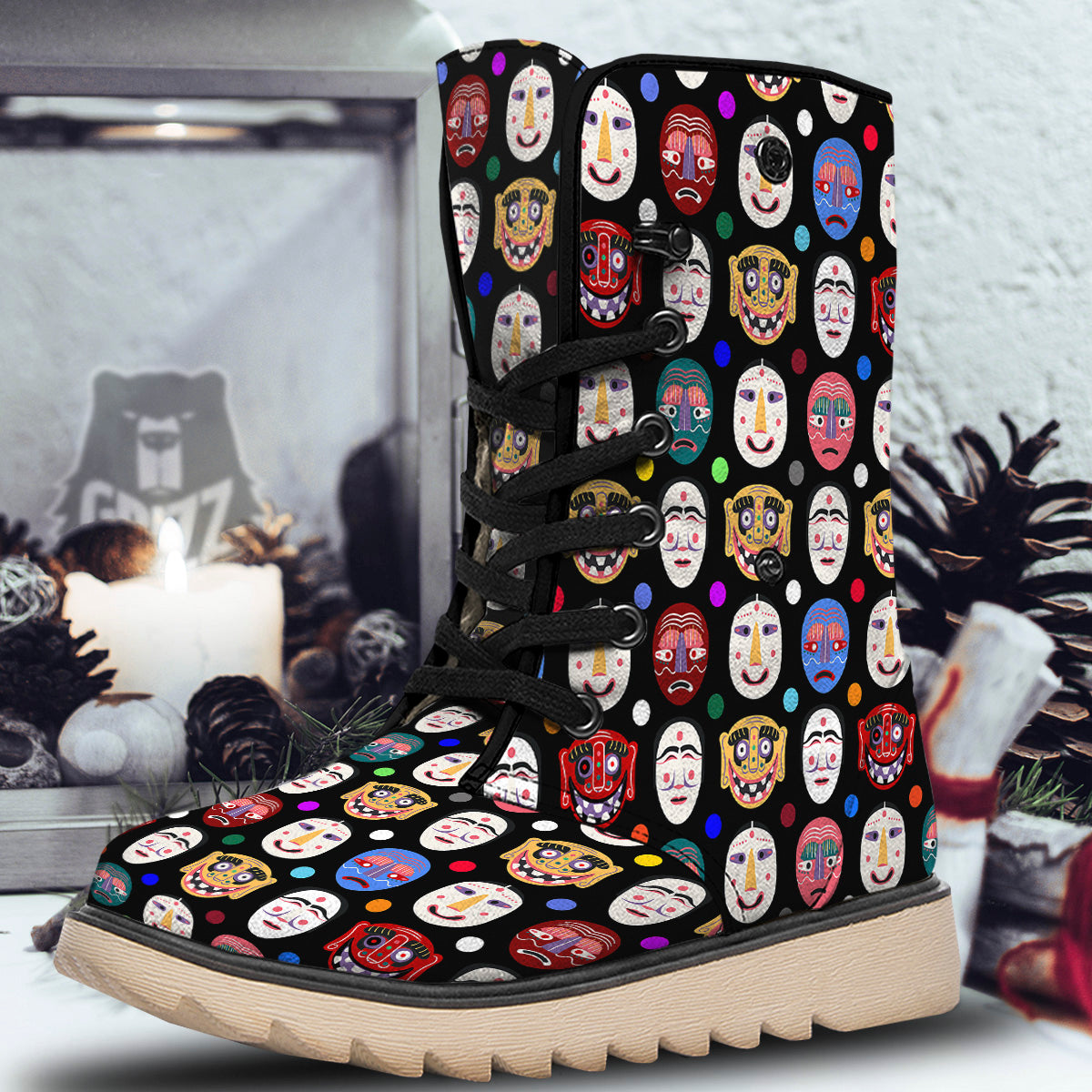 Traditional Korean Masks Print Pattern Snow Boots-grizzshop