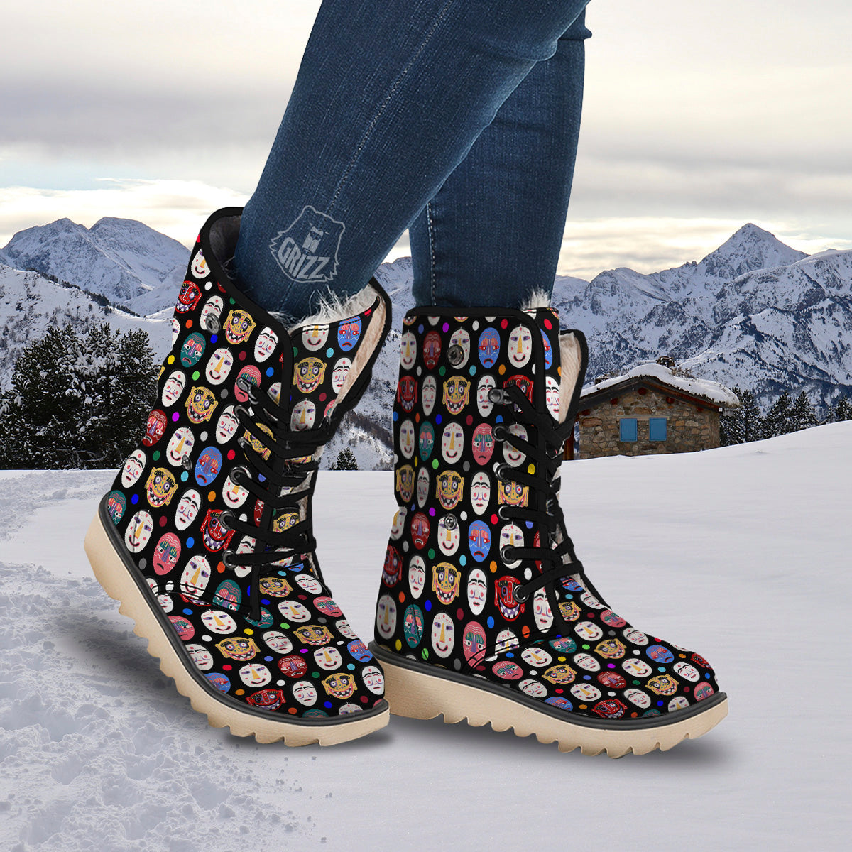Traditional Korean Masks Print Pattern Snow Boots-grizzshop