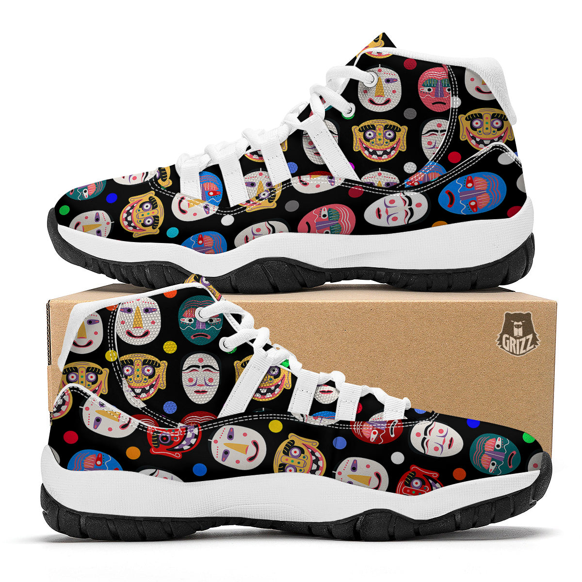 Traditional Korean Masks Print Pattern White Bball Shoes-grizzshop