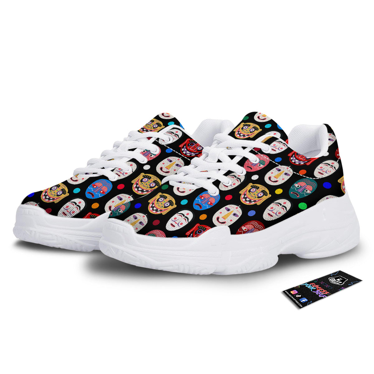 Traditional Korean Masks Print Pattern White Chunky Shoes-grizzshop